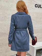 1pc Women Casual Solid Color Corduroy Long Sleeve Belted Short Dress, Autumn